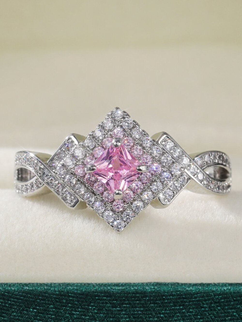 🎁925 SILVER GIFT 💗PINK CZ PRINCESS CUT TWIST 💎ENGAGEMENT WEDDING RING, K832